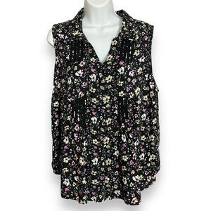 Caffe‎ Marrakech Sleeveless Blouse Floral Black Trim Pockets Button-Up Collar XL